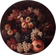 unknow artist A still life of peaches and plums in a glass bowl,grapes,a melon and a pomegranate oil painting artist